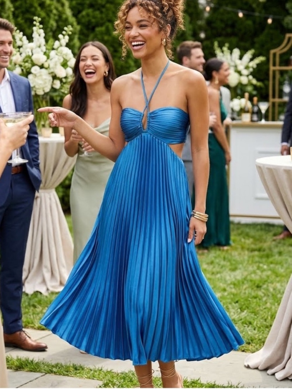 New Lulus Aerin Cobalt Blue Pleated Halter Midi Dress Sz Large